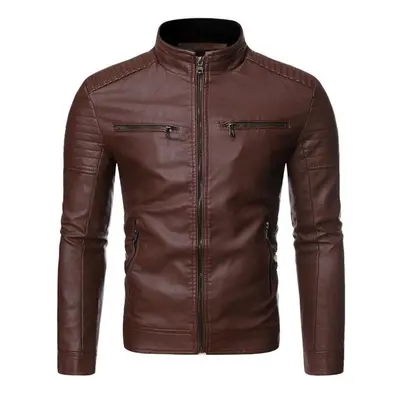 (coffee, L) Men&apos;s Washed Pu Leather Jacket Men&apos;s Stand Collar Men&apos;s Motorcycle Le