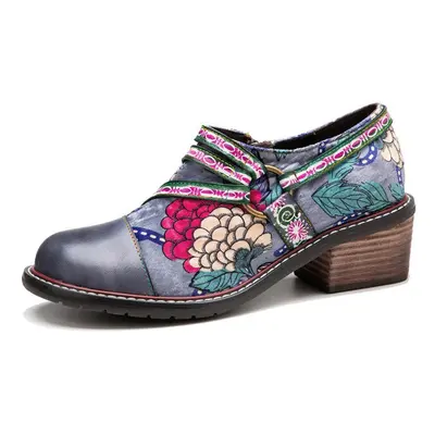 (blue, 41) Johnature Hand-painted Genuine Leather Pumps Women Shoes Retro Flower Comfortable Blo