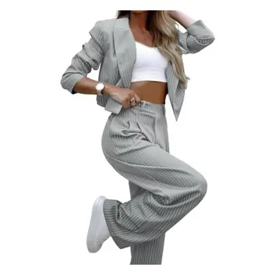 (grey, L) Pcs/set Women Coat Pants Set Ol Commute Formal Style Turn-down Collar Long Sleeve Jack