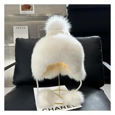 (white, One Size) Warm And Soft Knit Hat With Genuine Fox Fur, Ear Protection And Pom Pom Ball