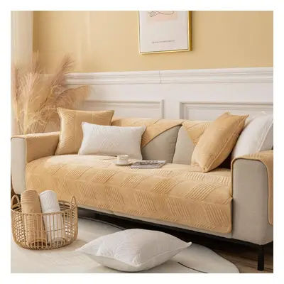 (khaki, 90*260cm) Thick Plush Edging Sofa Coversolid Color Non-slip Filling Full Sofa Cover Back