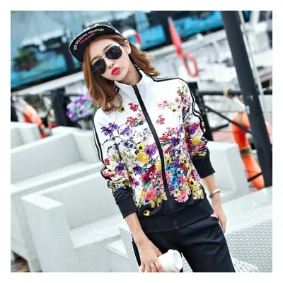 (black, XXL) Women Sportswear Casual Jogger Running Workout Set Flower Print Jacket Sweatshirt+s