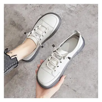 (white, 40) Genuine Leather Women&apos;s Flat Sneakers Large Size Autumn Vulcanized Shoes Ladies