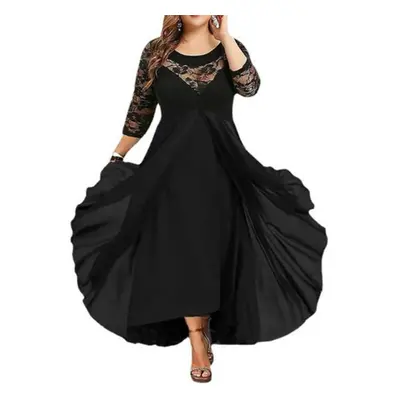 (black, 4XL) Fall Spring Women Dress See-through Hollow Out Lace Flower Embroidery Three Quarter