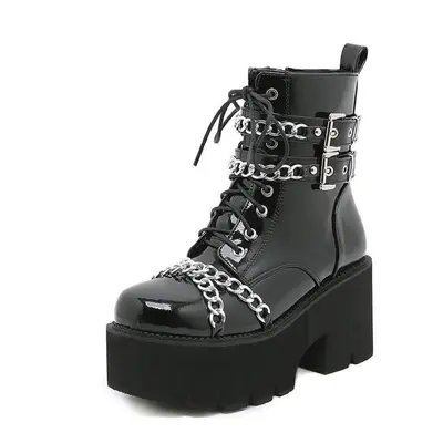 (black, 42) Women Shoes Boots Black Dark Cool Thick Bottom Platform Harajuku Shoes With Metal Ch