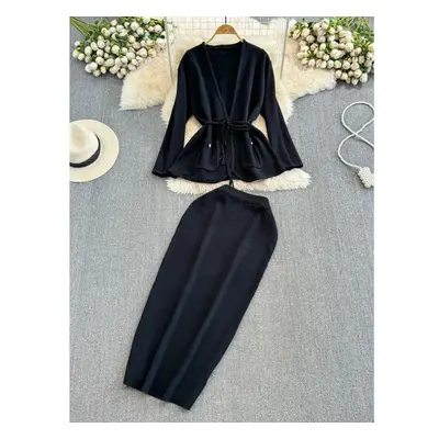 (black, One Size) Elegant Small Fragrance Style Long Sleeve V-neck Sashes Knit Cardigans + High 