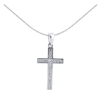 Jewelco London Solid 9ct White Gold Cubic Zirconia Art Deco Outline Channel Set Cross Pendant - 