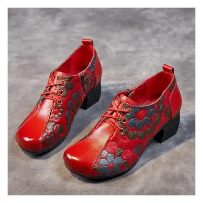 (red, 40) Johnature Printed Women&apos;s Shoes Genuine Leather Retro Ethnic Style Round Toe Thic