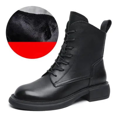 (black bean, 36) Johnature Genuine Leather Shoes Women Boots Zip Round Toe Flat With Handmade Re