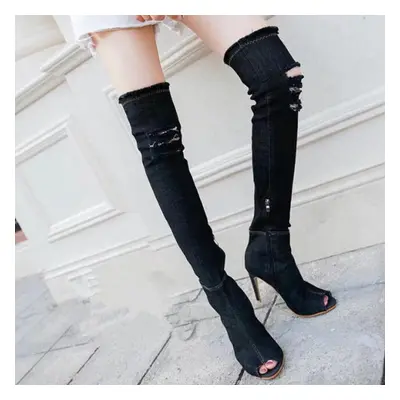 (black, 41) Boots Womens Fashion Sexy Denim Long Boots Street Over The Knee Fish Mouth Retro Sti