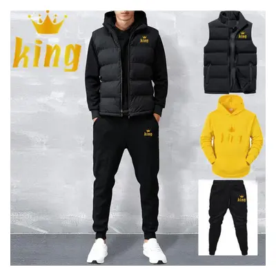 (yellow, S) Men Casual Sets Vest + Hoodies + Pants Piece Tracksuit Male Sportswear Set