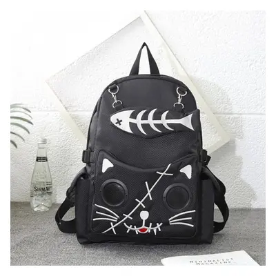 (black) Fish Bone Backpack For Cat Girl Backpack Students Canvas Bag Women Rusksack Embroidery W