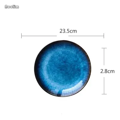 (C) Japanese Kiln Blue Shallow Plate Flat Plate Round Tray Steak Dish Plate Pasta Dish Home Dinn