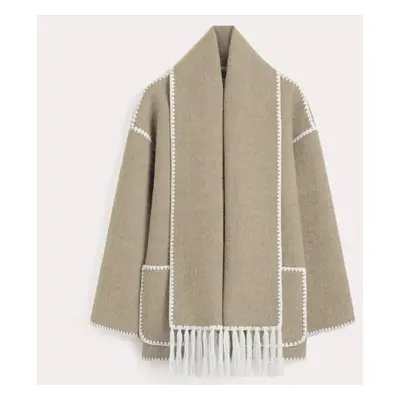 (khaki, XL) Woolen Jacket Women Autumn Patchwork Tassel Scarf Single Breasted Pocket Coats Casua