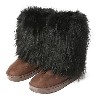 (black, 37) Women&apos;s New Winter Fur One-piece Imitation Raccoon Fur Warm Snow Boots Furry Sh