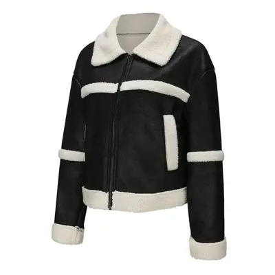 (black, L) Women's Suede Faux Leather Jackets Plush Fleece Lined Lapel Zipper Short Coat Long Sl