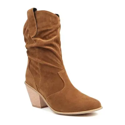 (khaki, 42) Women Ankle Cowboy Short Boots Round Toe Block High Heels Pleated Western Cowgirl Bo