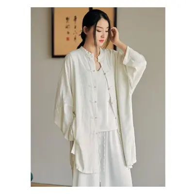 (white, One Size) Johnature Women Vintage Loose Shirts Chinese Style Tops Stand Long Sleeve Butt