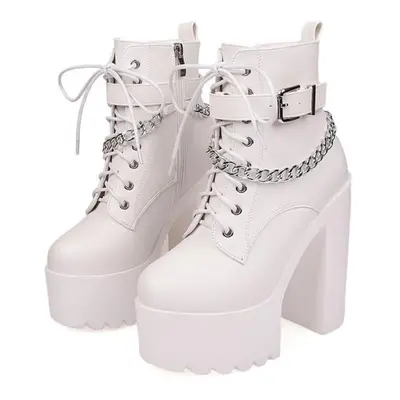 (white, 36) Gothic Buckle Strap Ankle Boots Women Faux Leather Platform Block Chunky Heels Chain