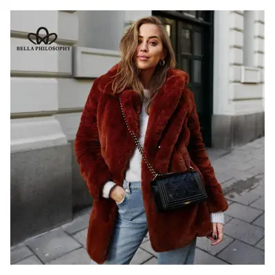 (wine red, XL) Long Fashion Fur Plush Warm Elegant Casual Loose Coat Winter Thickened Lapel Fluf