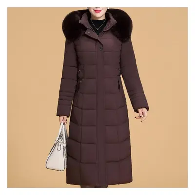 (brown, 4XL) Plus Size Xl-6xl Middle Age Woman Long Parkas Winter Thick Warm Overcoats Hooded El