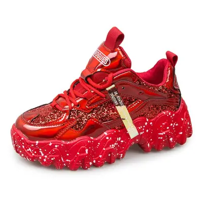 (red, 36) Hoho Fair Women Shoes Reflective Chunky Sneakers Women Fashion Glitter Bling Vulcanize