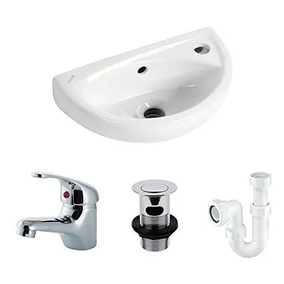 Small Compact Tiny Bathroom Cloakroom Basin Sink Wall Hung Curved with Fixings, tap, Waste, and 