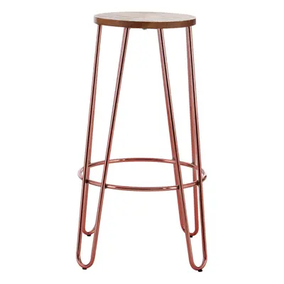 Rose Gold Metal and Elm Wood Round Bar Stool, Hairpin Stool, Sturdy Stool for Bar, Kitchen Count