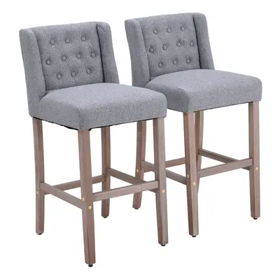 (Light Grey) Rustic Set of Bar Stools Linen Tufted with Wood Legs