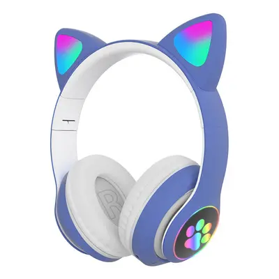 (Blue) Bluetooth Headset Cat Ears Wireless BT5.0 / 3.5MM Dual Mode RGB Light Bass Noise Cancelli