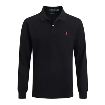 (Black+Red, XL) Men Polo Shirt Casual Long Sleeve Collared T-Shirt Sports T-Shirts Button Tops