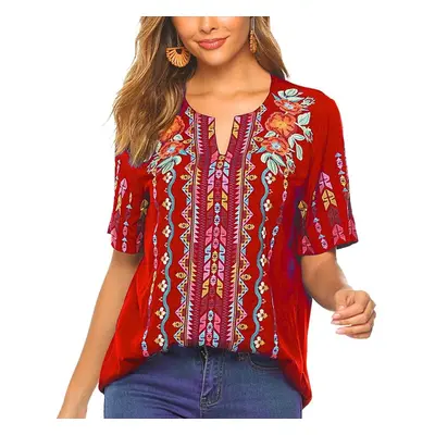 (Red, 3XL) Womens Tops and Blouses Peasant Tops Embroidered Summer Casual Shirts V Neck Tunic Bo