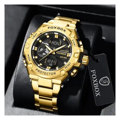 (gold,black) Foxbox Business Men&apos;s Watches Luxury Led Digital Dual Time Waterproof Luminous