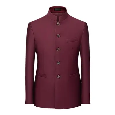 (wine red, 6XL) Men&apos;s Solid Color Stand Collar Suit Chinese Style Slim Fit Blazer Male Zhon