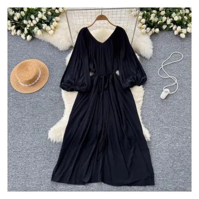 (black, One Size) Elegant Gentle Lantern Sleeve Dresses Y2k Slim Waist Lace Up Dress For Women S