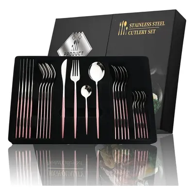 (pink,silver, 24pcs + box) 24pcs Black Handle Golden Cutlery Set Stainless Steel Knife Fork Spoo