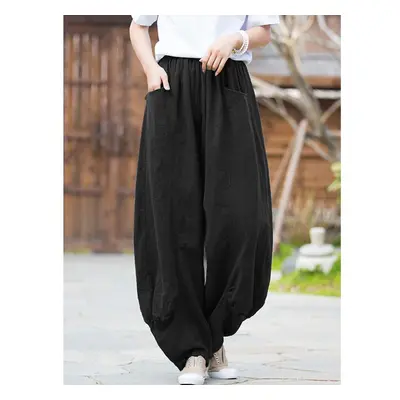 (black, S) Johnature Women Casual Linen Wide Leg Pants Elastic Waist Solid Color Trouser Spring 