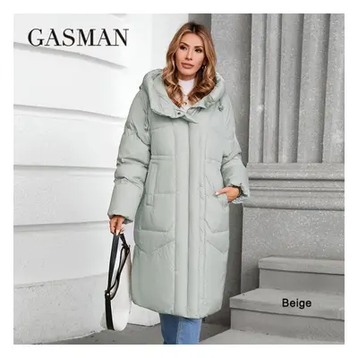 (beige, M) Gasman Winter Down Jacket Women Long Classic Zipper Design Pocket Stand Collar Hooded