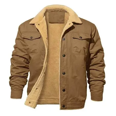 (coffee, 5XL) Winter Coat Fleece Cargo Jacket Pockets Lapel Collar Trucker Cotton Work Men