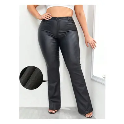 (black, 3XL) Rose Beauty A Plus High Waist Warm Lined Pu Leather Flare Leg Pants