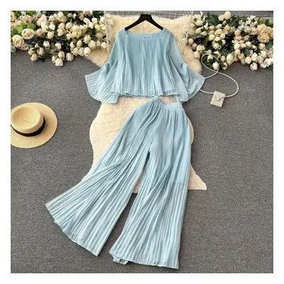 (light blue, One Size) Chiffon Drape Women Pajamas Set Long Sleeve Shirt With High Waist Pants P