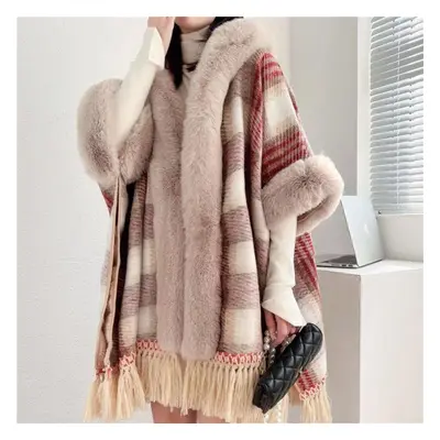 (red, One Size) Cardigan Fur Collar Hooded Cape Female Autumn And Winter Women Coat Languid Tass