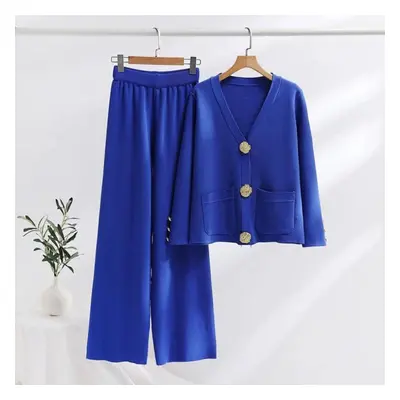 (blue, One Size) Autumn Winter Golden Buttons V Neck Pocket Cardigan Sweaters + Wide Leg Pants T