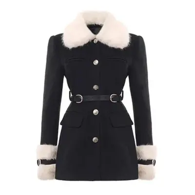 (black, XL) Winter Black Elegant Coats Women Casual Sweet Warm Long Sleeve Fur Collar Dress Coat