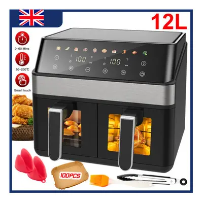 12L Dual Zone Digital Air Fryer Oven Cooker Oil Free Low Fat with Tray Large