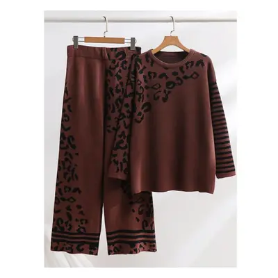 (brown, One Size) Leopard Print Jacquard Knitted Two-piece Sets Women Thick Autumn Winter Loose 