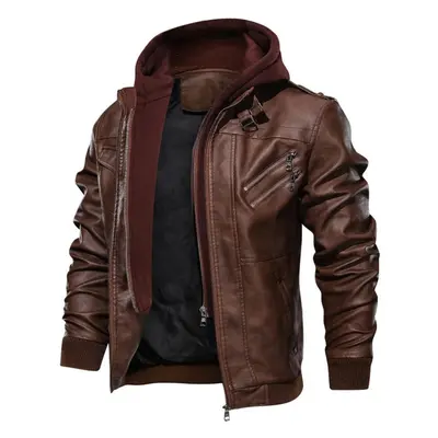 (coffee, L) Men&apos;s Fall/winter Double-decker Trend Locomotive Casual Leather Jacket Hooded C