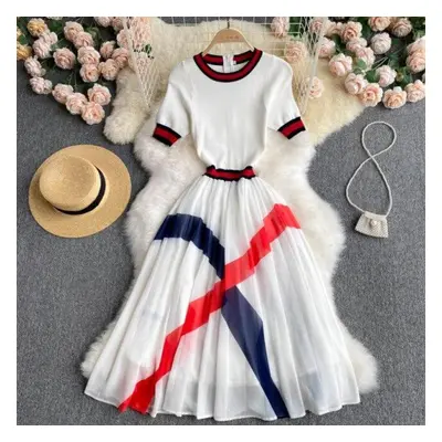 (white, M) Women Fashion Knitting Sweater Patchwork Dress Short Sleeve Summer Casual Vacation Ho