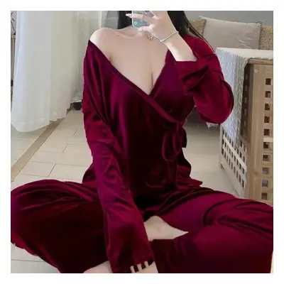 (red, XXL) Women&apos;s Sexy Gold Velvet Pajamas Set V-neck Japanese Kimono Homewear Spring Long