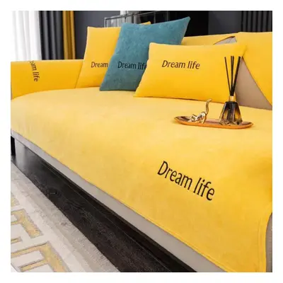 (yellow, 90x210cm) Chenille Modern Sofa Cover Four Seasons Universal Embroidery Solid Color Sofa